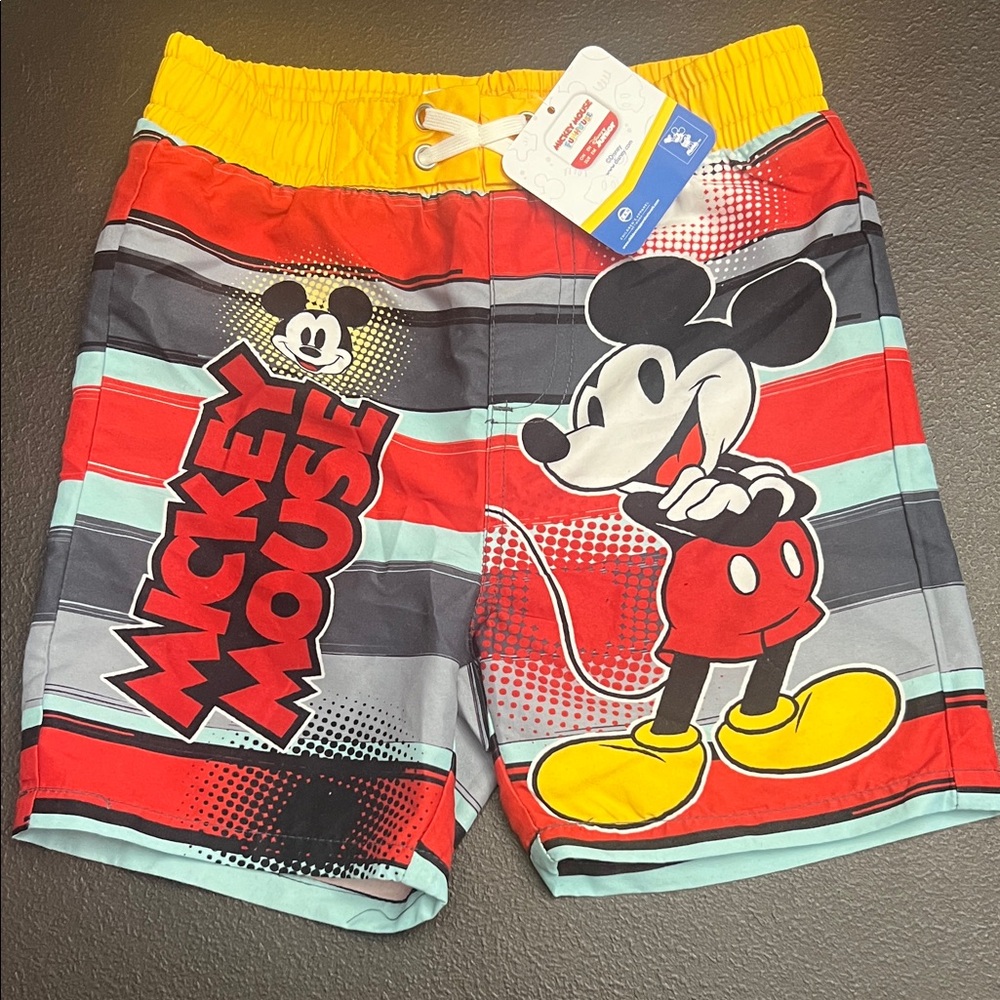 Disney Mickey Mouse Red, Yellow & Gray Striped Swim Shorts